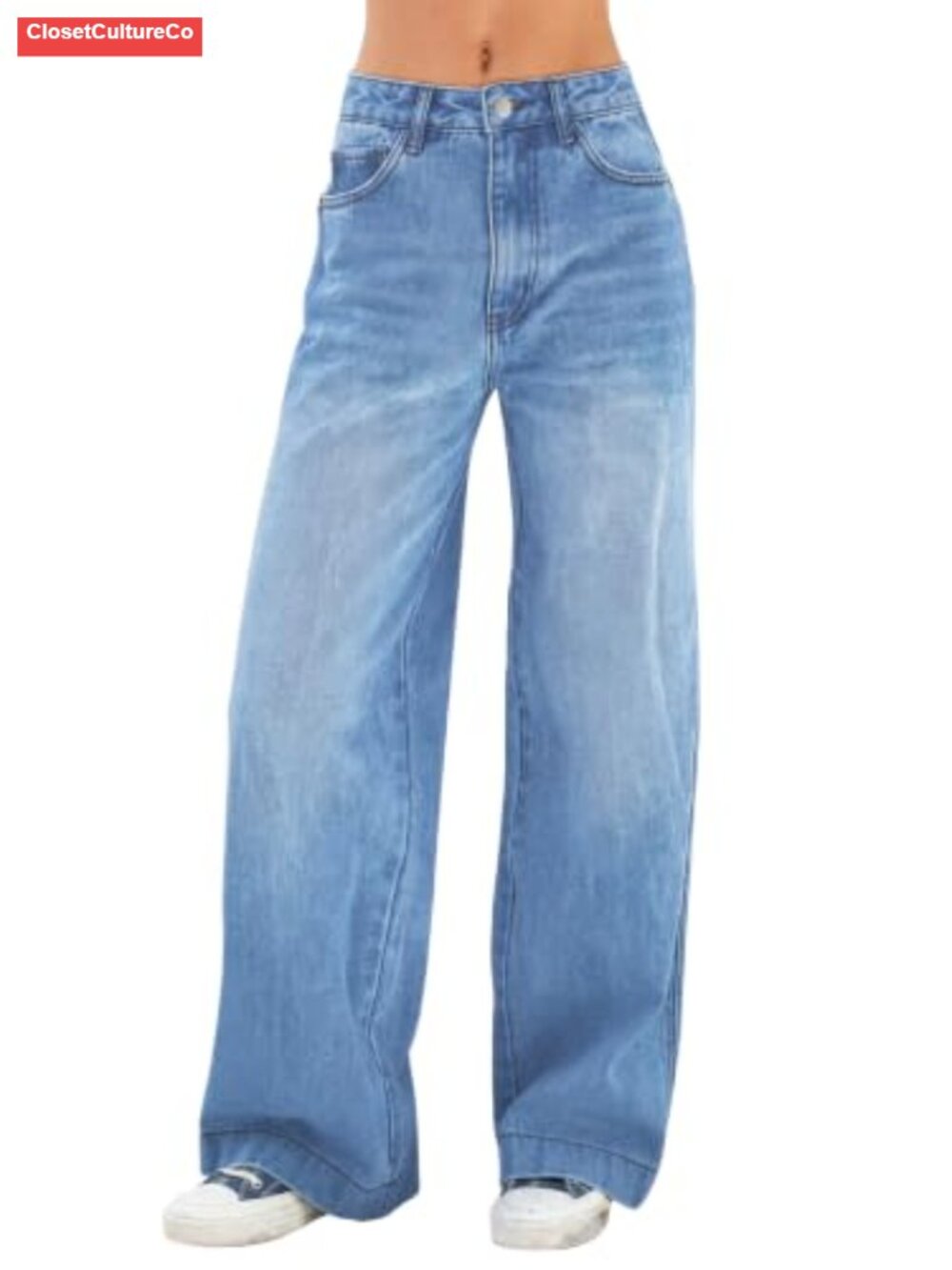 Women's Wide Leg Baggy Jeans High Waist Stretch Denim Pants